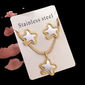Gold & White Star Pendant Necklace and Earring Set - Stainless Steel
